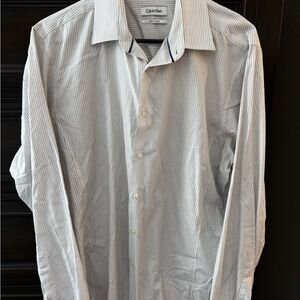 Calvin Klein Men's White and Blue Pinstripe Shirt